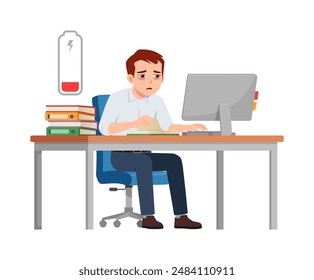 man employee tired, sit in desk working on office with computer, low battery energy