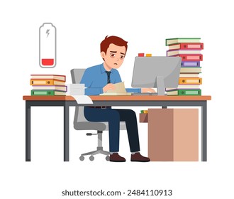 man employee tired, sit in desk working on office with computer, low battery energy