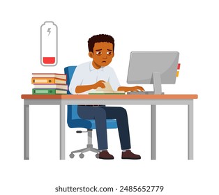 man employee tired, sit in desk working on office with computer, low battery energy