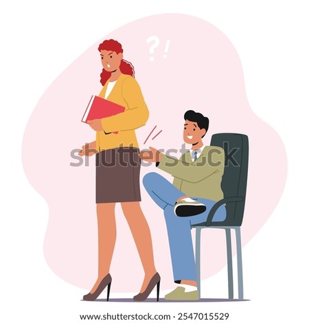 Man employee touching slapping on female butt demonstrating inappropriate behavior to colleague of opposite sex at workplace in office vector illustration. Sexual harassment in business company