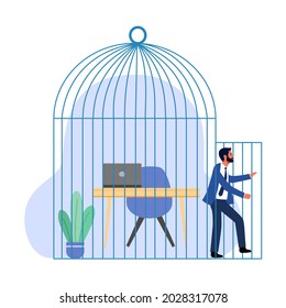 Man employee walk away from giant cage flat design on white background. Tired and unhappy company worker step out of comfort zone. Freedom need.	