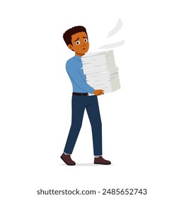 man employee walking and holding stack of paper file document