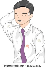 A man employee who looks embarrassed by his dirty shirt