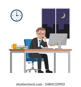 man employee work overtime at night, feeling sleepy and sit in desk working on office with computer