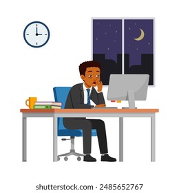 man employee work overtime at night, feeling sleepy and sit in desk working on office with computer