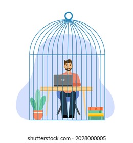 Man employee working with laptop computer in a giant cage flat design on white background. Tired and unhappy company worker.