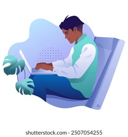 Man Employee Working Sitting With Laptop Flat Vector Illustration