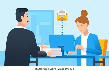 Man employees give stacks of paperwork to secretary while who is sending email at office