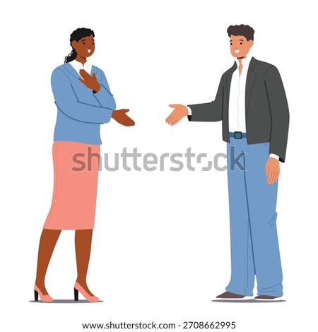 Man employer spreading arm for handshake congratulating female candidate with positive recruitment and successful interview conclusion sharing professional welcome greetings vector illustration