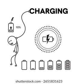Man emptied his battery charge due to work burnout. Flat vector character concept illustration.