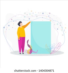 Man with empty banner. Blank sheet of paper or a poster in a flat style.
