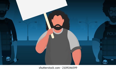 A man with an empty banner in his hands against the backdrop of the city. Protest concept. Cartoon style. Vector illustration.