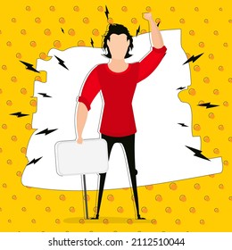 A man with an empty banner in his hands and a place for your text. Pop art cartoon style. Vector illustration