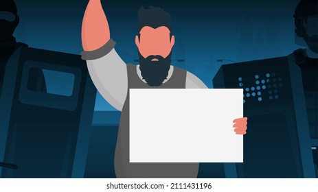 Un hombre con un cartel vacío y espacio para tu texto. Estilo de caricatura. Ilustración vectorial.