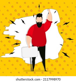 Un hombre con un cartel vacío y espacio para tu texto. Arte pop. Estilo plano. Ilustración vectorial.