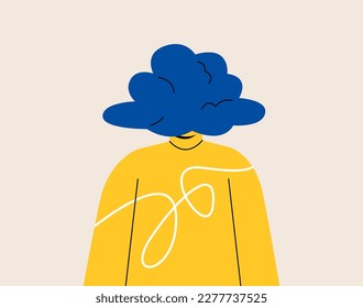 Man with empty head and cloud instead.  Daydreaming, absent and impractical concept. Colorful vector illustration
