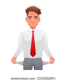 A man with empty pockets. A boy without money. No money. A guy with his pockets turned out. Vector cartoon illustration on a white background.