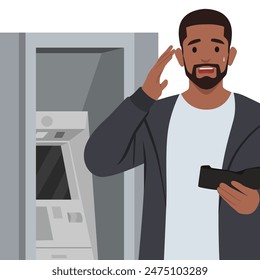 Man with empty pockets or wallet standing near cash machine. Flat vector illustration isolated on white background