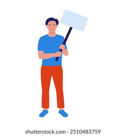 Man with an empty poster in his hands, expressing his opinion. Protest, rally. Isolated vector illustration on a white background in the flat style.