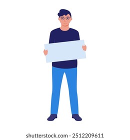 Man with an empty poster in his hands, expressing his opinion. Protest, rally. Isolated vector illustration on a white background in the flat style.