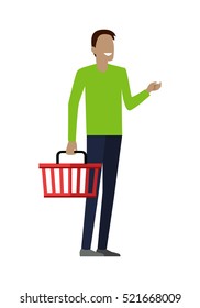 Man with empty shopping basket. Smiling man in green t-shirt and blue pants. Man daily shopping, supermarket shopping, customer in mall, retail store illustration in flat