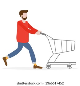 Man with an empty shopping cart going on sale. Shopping man. Boxing day sale. Black Friday. Special Offer. Design concept for banner,  promotional materials, print.