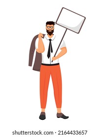Man with empty slogan board semi flat color vector character. Standing figure. Full body person on white. Protester simple cartoon style illustration for web graphic design and animation
