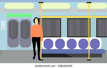 A man in an empty subway car holds on to the handrail. One man in a subway car. Vector graphics.