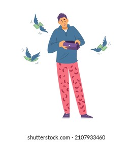 Un hombre con billetera vacía observa tristemente que el dinero sale volando. Gastos imprevistos e ingresos escasos, ilustración vectorial de dibujos planos aislados en fondo blanco.