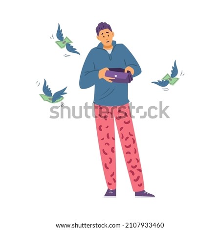 Man with empty wallet sadly watches the money fly away. Unplanned expenses and meager income, flat cartoon vector illustration isolated on white background.