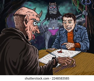 Un hombre se encuentra con el mal y hace un trato para ganar poderes demoníacos. Pintura digital a todo color.