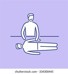 Man energetic healing other man on massage table white linear icon on purple background | flat design alternative healing illustration and infographic