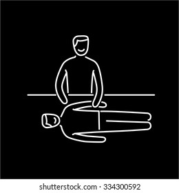 Man energetic healing other man on massage table black linear icon on white background | flat design alternative healing illustration and infographic