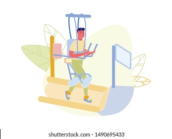 Man Engaged Adaptive Physical Education, Rehabilitation Disabled Physiotherapy. Correction or Replacement Lost Physical Abilities Body with Help Therapeutic, Medicine Cartoon Flat Vector Illustration