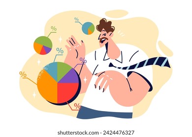 Man is engaged in business analytics and measuring marketing indicators, standing near statistical flying charts. Marketer guy calls for using crm software with conversion analytics capabilities.