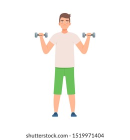 Man is engaged with dumbbells. Vector illustration.