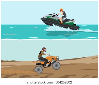 The man is engaged in extreme sports. Quad bike and watercraft. Vector illustration