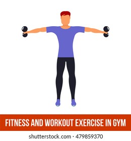 Man is engaged in fitness, aerobics. Exercise training in the gym. Vector icon set fitness room in a flat style on a white background. People at the gym.