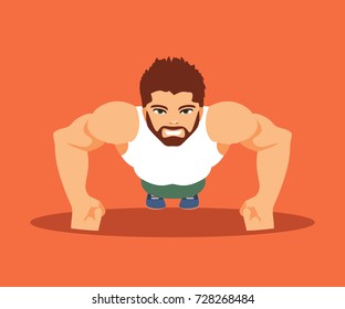 A man is engaged in a gym. Push-ups and bodybuilding. Fitness and healthy lifestyle. Vector illustration