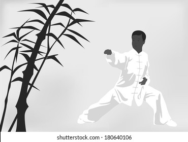 The man engaged kung fu on a black white background