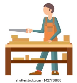 El hombre trabaja en mano de obra manual. Trabajar con el árbol. Carpintero de profesión. Ilustración vectorial.