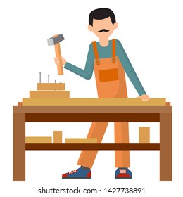 The man is engaged in manual labor. Work with the tree. Profession carpenter. Vector illustration.