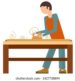 The man is engaged in manual labor. Work with the tree. Profession carpenter. Vector illustration.