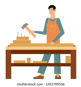 The man is engaged in manual labor. Work with the tree. Profession carpenter. Vector illustration.