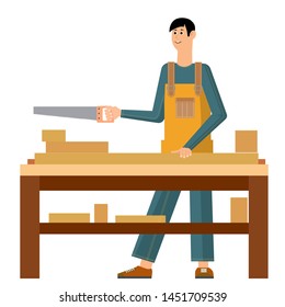 The man is engaged in manual labor. Work with the tree. Profession carpenter. Vector illustration.
