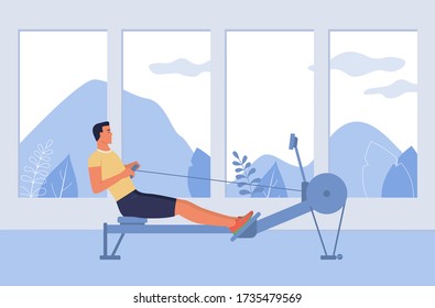 A man is engaged in a rowing simulator in the gym, the concept of preparing for rowing competitions. Vector illustration in flat design style.