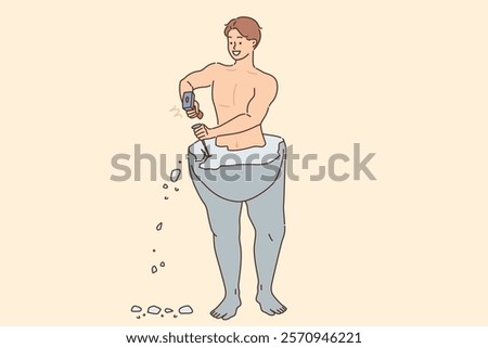 Man is engaged in self-development, creating ideal body, using sculptor tools to get rid of excess weight. Challenge for guy passionate about self-development and desire to become better