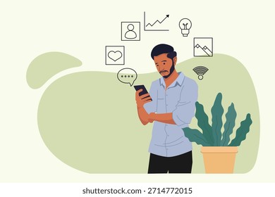Hombre comprometido con el teléfono inteligente y el mundo digital