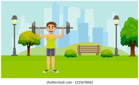 A man engaged in sports in the city Park. Landscape on the background of high houses. Green background. Vector flat illustration