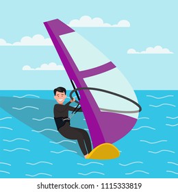 Man is engaged in windsurfing.